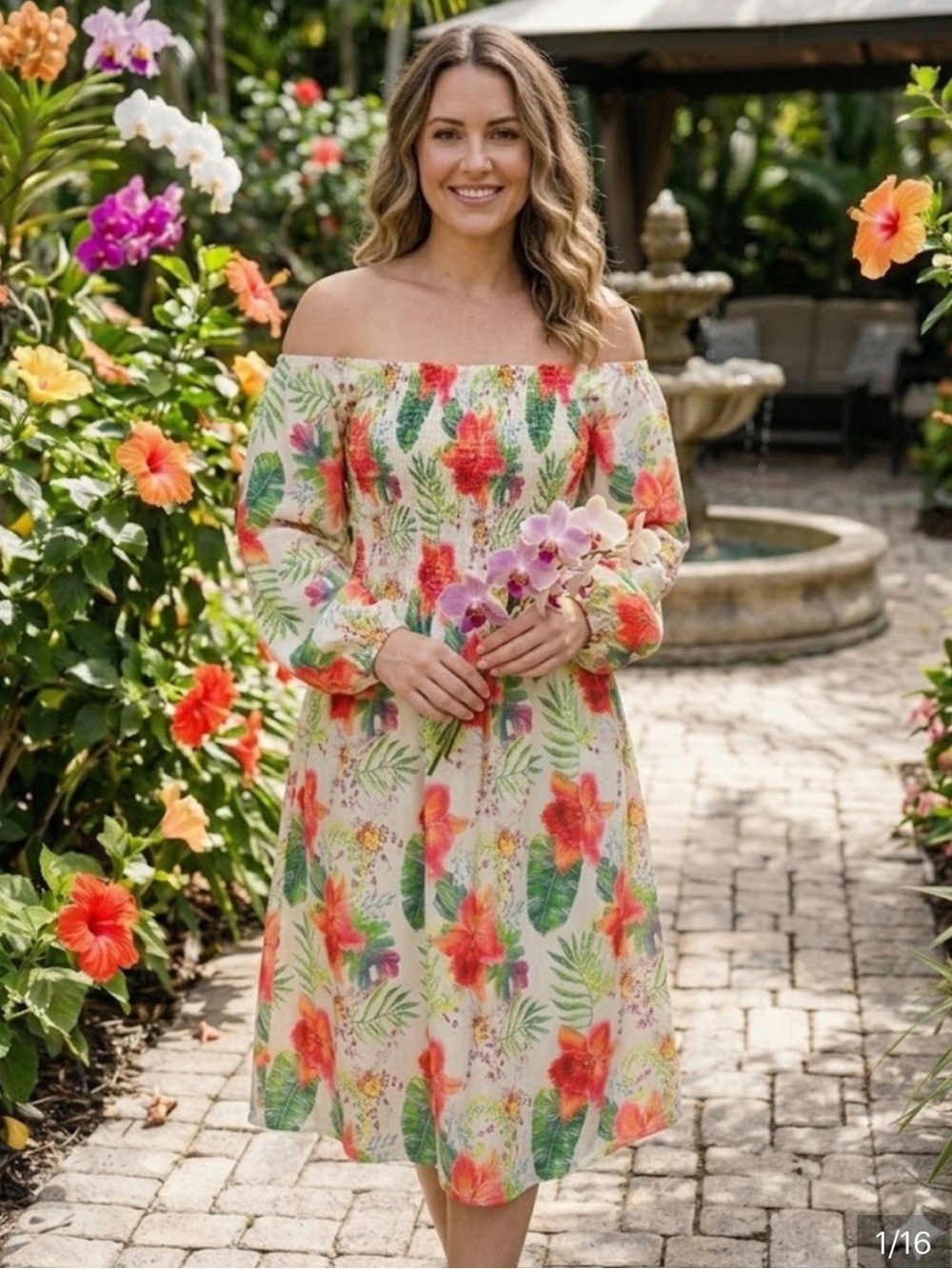 Smocked Off-Shoulder Floral Midi Dress in Cream and Coral